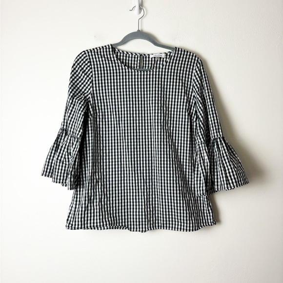 CALVIN KLEIN • Women’s Black/White Gingham Beel Sleeve Blouse Keyhole Back Sz M - Picture 1 of 5